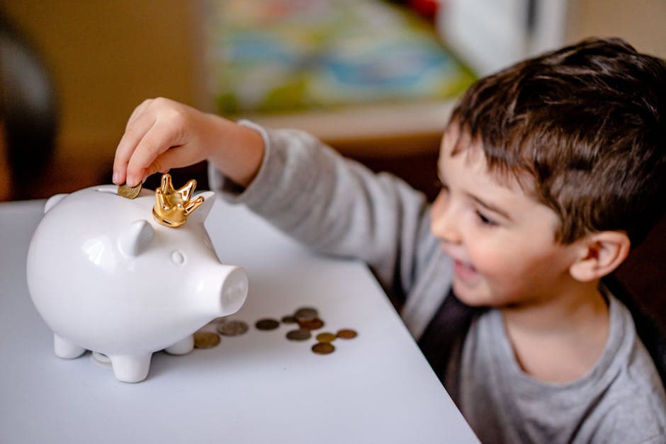 Child learning about profit margins and savings with piggy bank