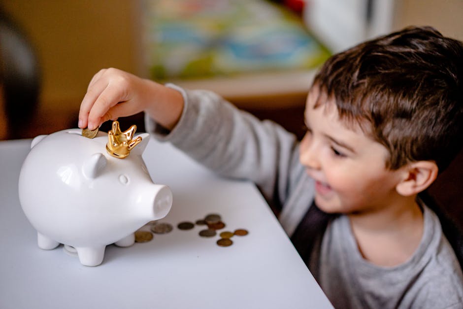 Child learning about profit margins and savings with piggy bank
